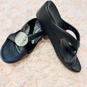 CROCS Black Wedge Slide Sandals with Silver Accent